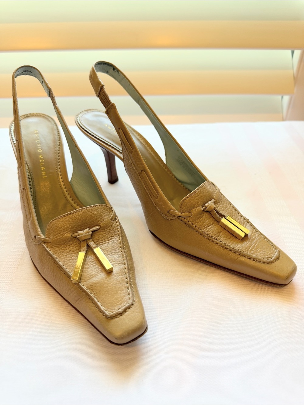 Antonio Melani Beige, Leather Square Toe Sling-back Heels, size 8